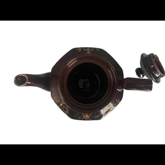 Vintage Brown Betty Redware Hand Painted Teapot Made in Japan Gold Red White - Picture 7 of 12